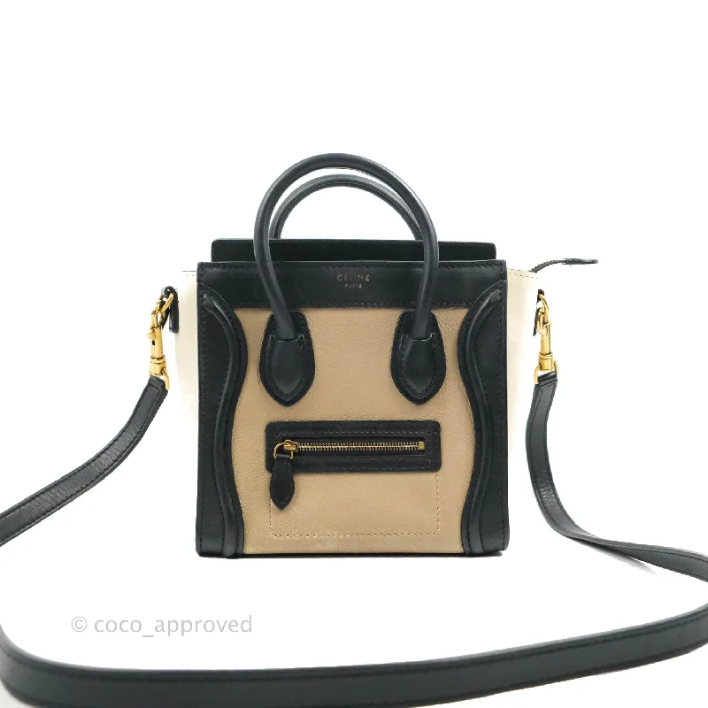 Celine Nano Luggage Grained Calfskin Gold Hardware White/Black/Beige