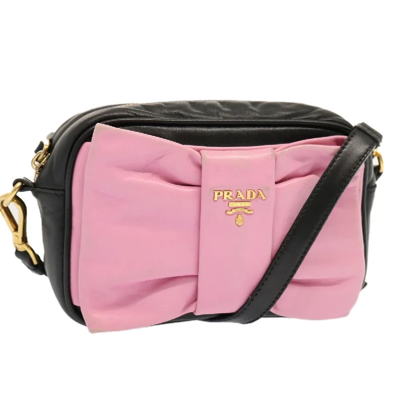 PRADA Ribbon Shoulder Bag Leather Pink Black Auth am6034