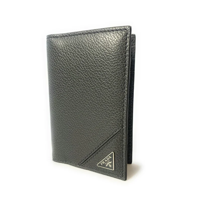 Prada Men's Vitello Micro Grain Grey Leather Vertical Card Holder