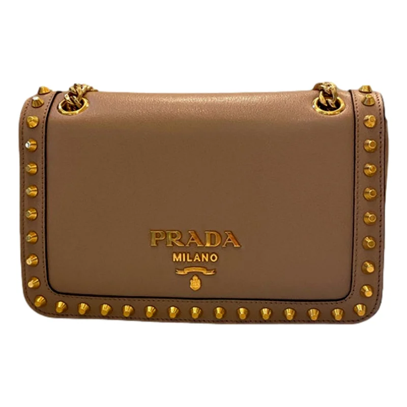 Prada Pattina Glace Calf Leather Cammeo Beige Gold Studded Bag